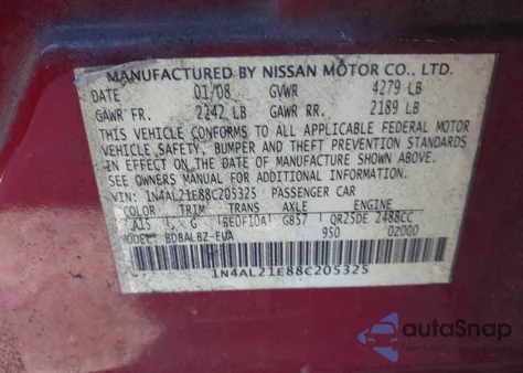 2008 Nissan Altima 2.5 S z USA, uszkodzony, nr VIN 1N4AL21E88C205325